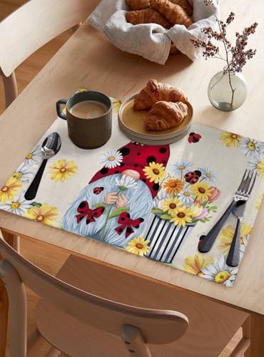 Placemats Set of 8, Beige Gnomes Daisy Woven Placemat, Linen Place