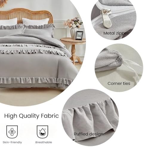 Gray Ruffle Duvet Cover King Boho Shabby Chic Ruffled 3 Piece Bedding