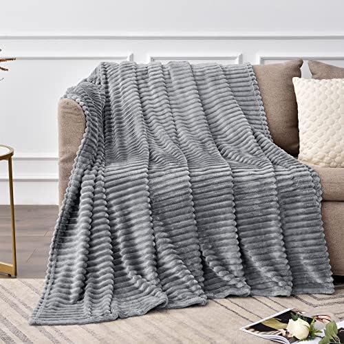 BEDELITE 3D Ribbed Jacquard Grey Fleece Twin Blanket for Bed, 60x80