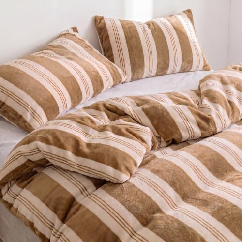 Merryword Khaki Striped Duvet Cover Set King Size,Soft Plush