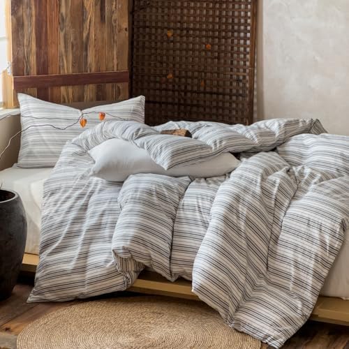 LifeTB Retro Striped Duvet Cover Set Full - 3 Piece Vintage White Grey