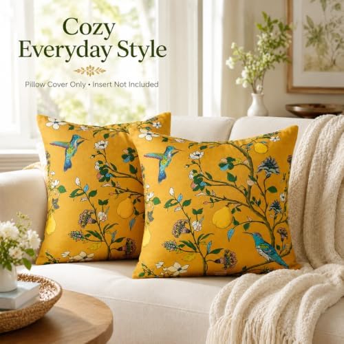 Mustard Yellow Floral Pillow Covers Set of 2, Polyester Flower Plant