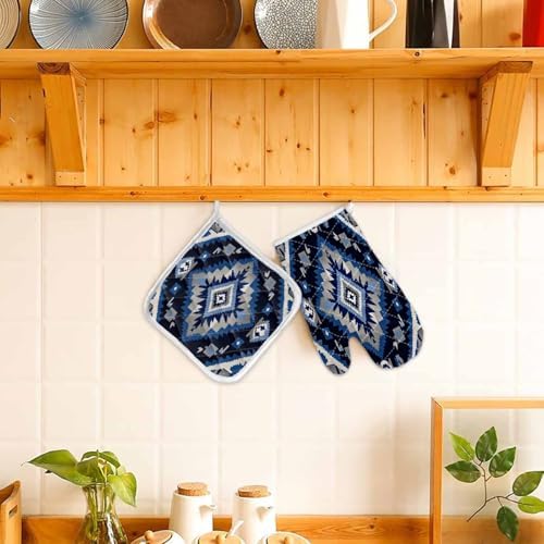 Quilted Cotton Terry Cloth Oven Mitt, Pot Holder Blue Grey Symmetry
