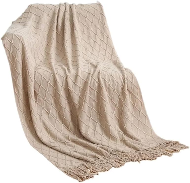 50×70in Cotton Throw Blanket Diamond Knit Fringe All Season Home,Khaki