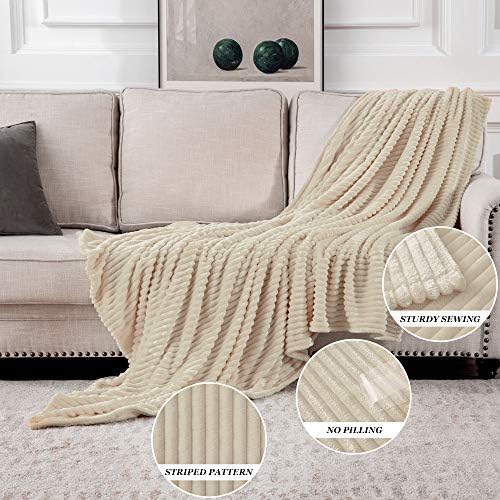 MIULEE Beige Fleece Throw Blanket and Cream White Knitted Throw