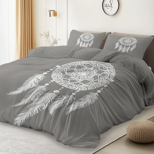 3-Piece Duvet Covers Set Full Bohemia White Dream Catcher Gray – Soft