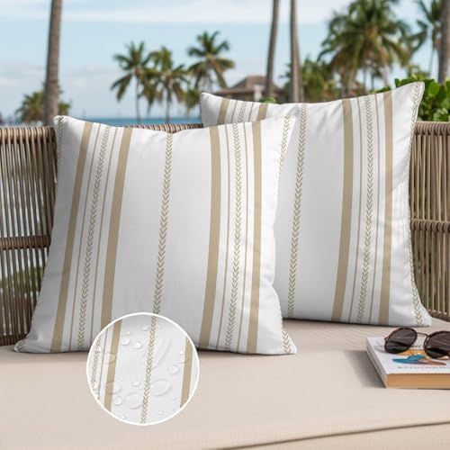Outdoor Waterproof Pillow Covers 18x18 Inch Cream Stripes Pack of 2