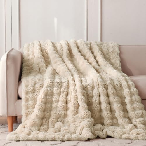 COOVA Soft Bubble Faux Fur Throw Blanket, 50"x60", Light Taupe