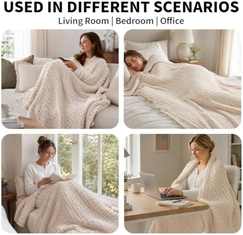 Chenille Knit Throw Blanket, Cream 50x60