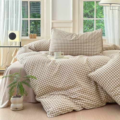 LifeTB Tan Gingham Duvet Cover Grid Bedding Set Queen, Vintage Taupe