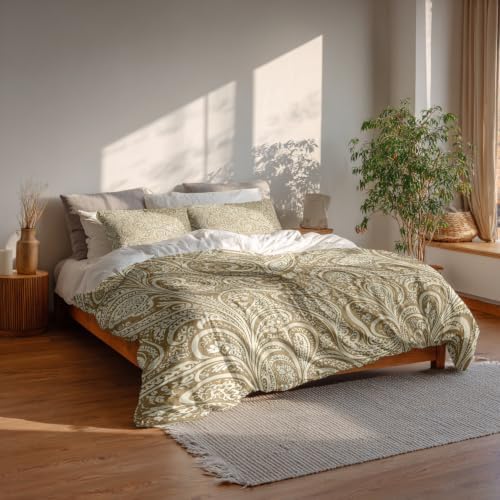Beige Paisley Elegance 100% Cotton Duvet Cover Set Queen Size, Vintage