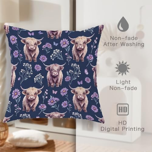 Highland Cattle Throw Pillow Covers Set of 2, Rustic Farmhouse Daisies
