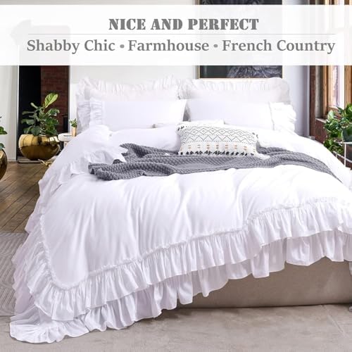 QSH Ruffle White Duvet Cover California King Size- Washed Cotton