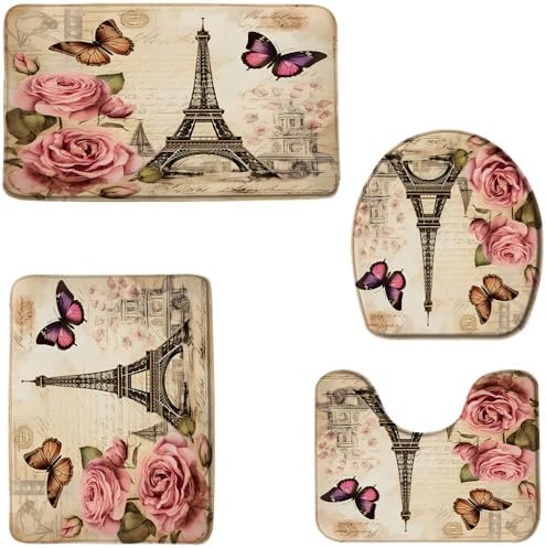 4 Pcs Bathroom Rugs Set Eiffel Tower Bath Mat Paris Theme Flower