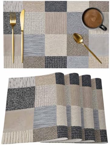 Khaki Grey Woven Placemats Set of 8, Modern Minimalist Patchwork Linen
