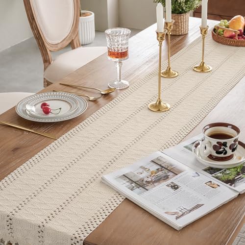 Ivory Farmhouse Boho Macrame Table Runner with Tassels 110 inches Long