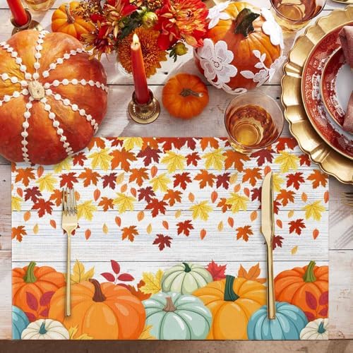 Placemats Set of 8, Thanksgiving Pumpkin Fall Harvest Washable Table