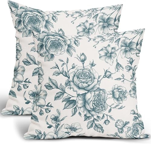 Teal and White Floral Throw Pillow Covers Turquoise Blue Cushion Case