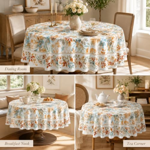 Colourful Leave Round Tablecloth 70 Inch Beige Eucalyptus Leaves Table