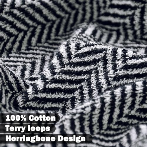 Cleanbear 8 Piece Black and White Herringbone Towel Set, 100% Cotton