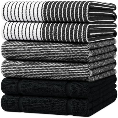 Homaxy 6 Pack Cotton Terry Premium Kitchen Towels, 18 x 28 in, Black