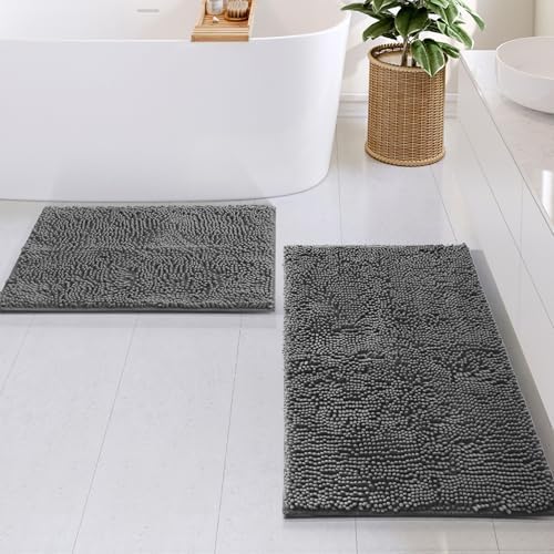 Hearth & Harbor Bathroom Rug Set, 2 Piece Chenille - Grey, Quick Dry