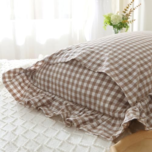 Mywinlle Taupe/White Plaid Ruffle Pillow Shams King Size Set of