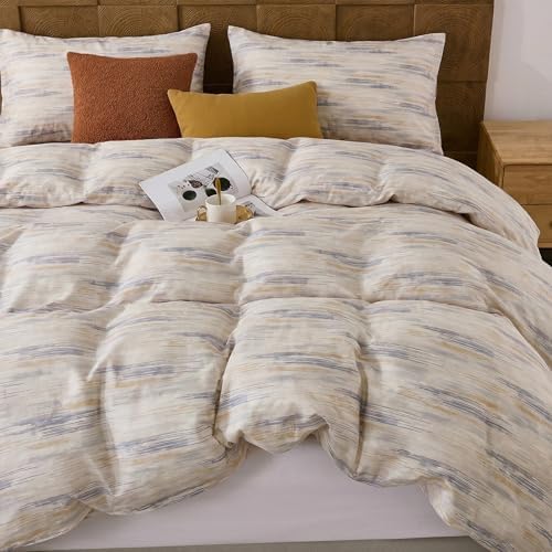 Herside Queen Duvet Cover Set,100% Cotton Double Gauze, Beige Blue