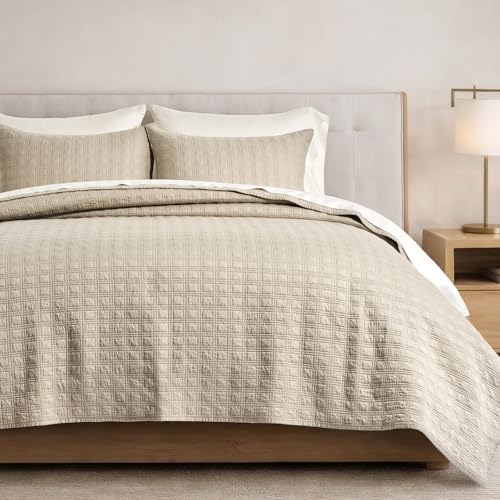 EVERGRACEHOME Cotton Sateen Windowpane Quilt Set King Size, Light