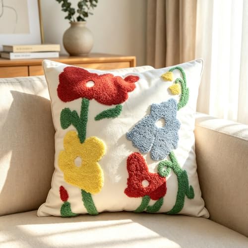 Boho Art Red Spring Floral Embroidered Throw Pillow Cover 18"x18" Set