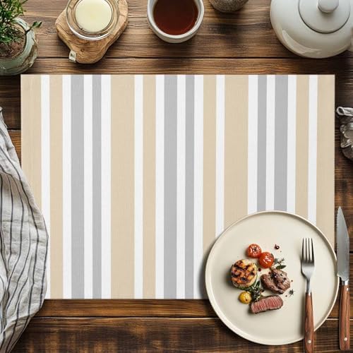 Placemats Set of 6, Beige Grey Stripe Cotton Linen Place Mats