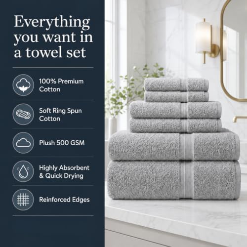 Trueloom 6 Piece Cotton Towel Set, 100% Cotton, 500 GSM Ring Spun Bath