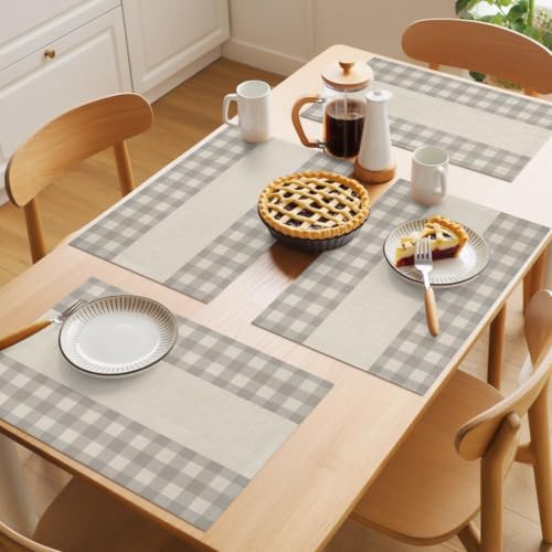 Cotton Linen Placemats for Dining Table Set of 8 Bohemia Grey Plaid