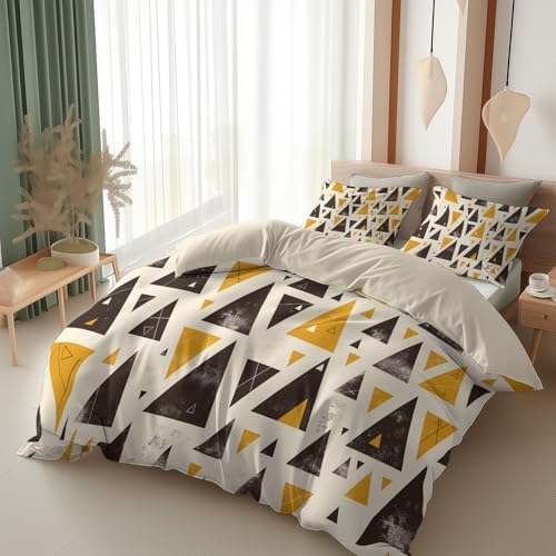Beige Duvet Cover King Size Modern Geometric Yellow Reversible