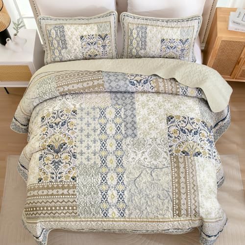 WONGS BEDDING Boho Quilt Set Queen, 3 Pcs Beige Patchwork Bedspread