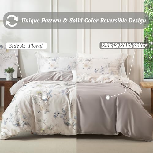 MILDLY Greige Floral Duvet Cover Set 3pcs Elegant for All Season Queen