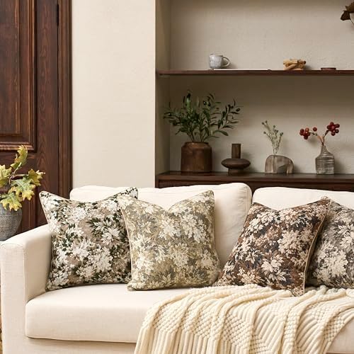 Yangest Neutral Floral Pillow Cover 20 x 20 Inches, Vintage Chenille