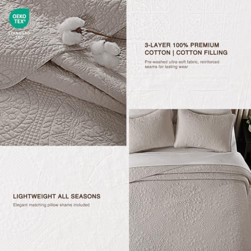 GOONE 100% Cotton Quilt King Size Bedding Quilt Sets 108x98 in, Light