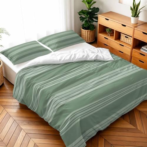 Duvet Cover Cal King Size 3 Piece Bedding Set, Sage Green Stripe