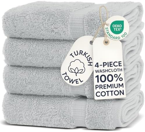 Chakir Turkish Linens 100% Cotton 4-Pack Washcloths 13x13, Silver Gray