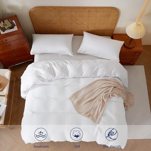 2Pcs 100% Egyptian Cotton Waffle Duvet Cover Set Twin 68 x 90, White