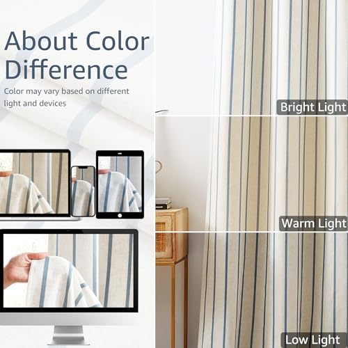 Dusty Blue Striped Full Blackout Bedroom Curtains 90 Inches Long