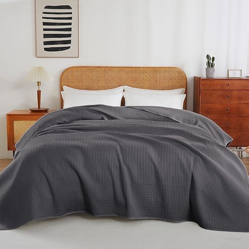 100% Cotton Waffle Throw Blanket for Bed King Size Dark Grey, 104" x