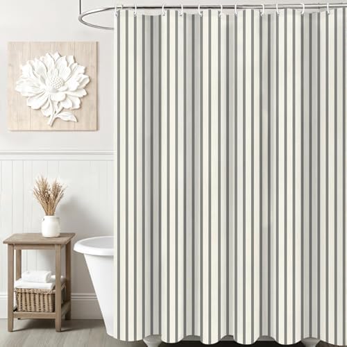 Grey Beige Striped Linen Cotton Waterproof Shower Curtain 60" W x 72"