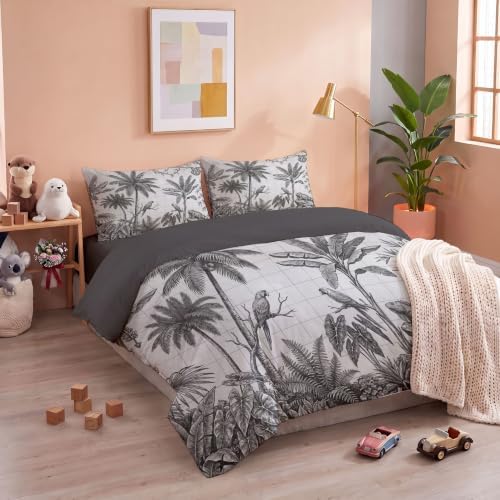 Tropical Print Microfiber Grey Duvet Cover Set King