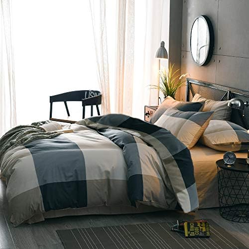 mixinni Queen Size Checkered Duvet Cover Set - 3 Piece Grey Geometric