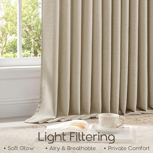 Oatmeal Pleated Semi Sheer Linen Farmhouse Curtains 84 Inches 2 Panels