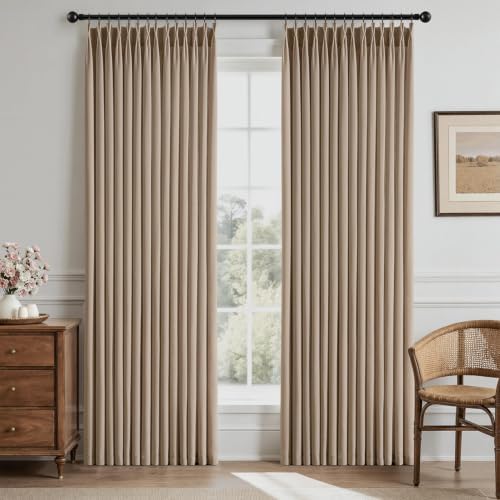 Burlywood Brown Pinch Pleated Linen Curtains 96 Inches Long 2 Panels