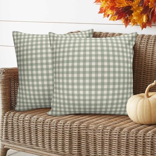 Outdoor Pillow Covers Set of 2, Rustic Sage Green Beige Checker