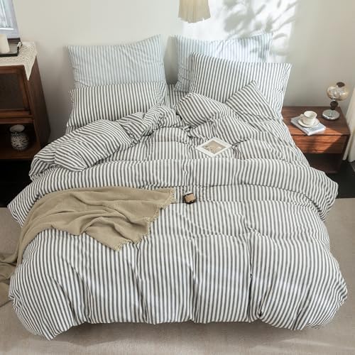 FOSSA Striped Duvet Cover Set 100% Washed Cotton Linen Feel King